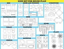 A set of icons for a house plan. A set of icons for a house plan. The icons include a refrigerator, sink, toilet, bathtub, and a window vector