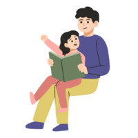 Daddy and daughter reading books together illustration png