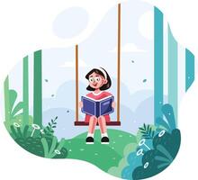 Cute girl swinging and reading a book vector