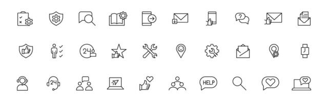 Customer service icon set. Containing customer satisfied, assistance, experience, feedback, operator and technical support icons. Thin outline icons pack. vector