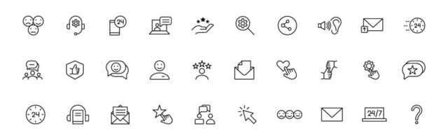 Customer service icon set. Containing customer satisfied, assistance, experience, feedback, operator and technical support icons. Thin outline icons pack. vector
