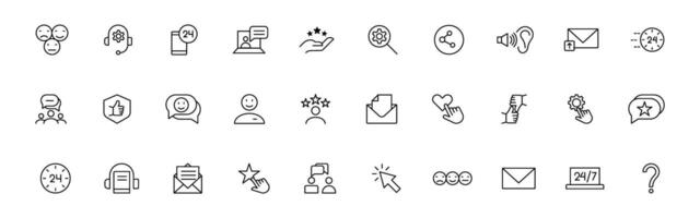 Customer service icon set. Containing customer satisfied, assistance, experience, feedback, operator and technical support icons. Thin outline icons pack. vector