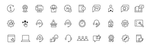 Customer service icon set. Containing customer satisfied, assistance, experience, feedback, operator and technical support icons. Thin outline icons pack. vector