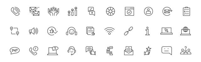 Customer service icon set. Containing customer satisfied, assistance, experience, feedback, operator and technical support icons. Thin outline icons pack. vector