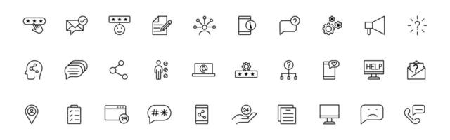 Customer service icon set. Containing customer satisfied, assistance, experience, feedback, operator and technical support icons. Thin outline icons pack. vector