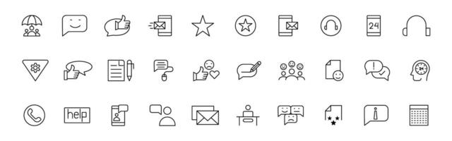 Customer service icon set. Containing customer satisfied, assistance, experience, feedback, operator and technical support icons. Thin outline icons pack. vector