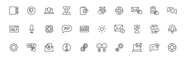 Customer service icon set. Containing customer satisfied, assistance, experience, feedback, operator and technical support icons. Thin outline icons pack. vector