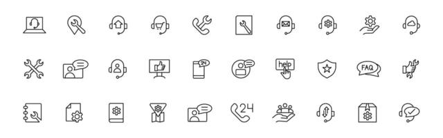 Customer service icon set. Containing customer satisfied, assistance, experience, feedback, operator and technical support icons. Thin outline icons pack. vector