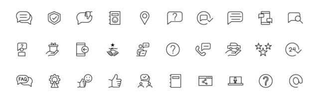 Customer service icon set. Containing customer satisfied, assistance, experience, feedback, operator and technical support icons. Thin outline icons pack. vector