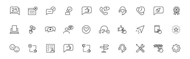 Customer service icon set. Containing customer satisfied, assistance, experience, feedback, operator and technical support icons. Thin outline icons pack. vector