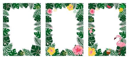 verano tropical marcos con hojas, flores y flamenco para fiesta invitaciones, rebaja carteles y Boda tarjetas colección de plantillas aislado con blanco antecedentes. vector