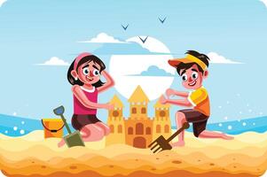 Children Building a Sand Castle on Beach vector