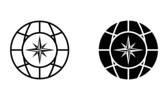 Globe with compass direction arrow, illustration of map and exploration icon vector