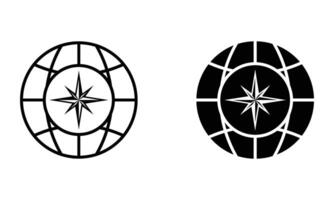 Globe with compass direction arrow, illustration of map and exploration icon vector