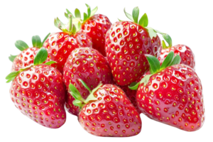 Fresh, ripe strawberries with vibrant red color and green leaves, showcasing the delicious and healthy fruit in a close-up view. png