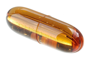 fermer de une transparent Orange capsule, santé supplément ou médicament. idéal pour pharmaceutique et sur le thème du bien-être applications. png