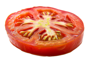 Close-up of a fresh, juicy tomato slice showcasing vibrant red color and internal seeds. Perfect for cooking, salads, and healthy eating concepts. png
