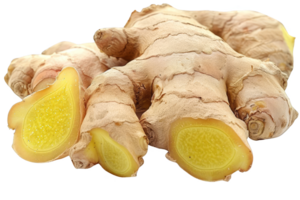 Close-up of fresh ginger root showing a cross-section view. Ideal for food, health, and herbal remedy concepts. png