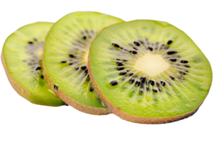 Fresh, sliced kiwi fruit showing vibrant green flesh and black seeds. Perfect for health, food, and nutrition-related content. png