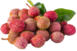 Fresh ripe lychee fruits with leaves, showcasing vibrant colors and textures of tropical summer produce. png