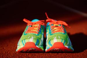 Running shoes on stadium track. Sport concept photo