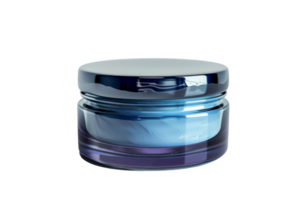 Elegant blue cosmetic jar with a sleek, reflective surface, perfect for beauty product packaging and skincare advertisement. png