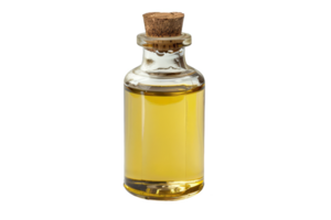 Small glass bottle with cork stopper filled with aromatic essential oil. Suitable for aromatherapy and natural skincare practices. png