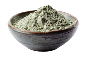 Bowl of green clay on white background, perfect for skincare, spa treatments, and natural remedies. Ideal for personal care or beauty industry. png