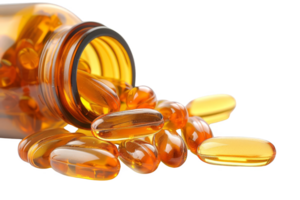 Close-up of a brown pill bottle with translucent capsules spilling out. Ideal for health, wellness, and medicine concepts. png