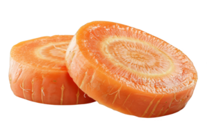 fermer de deux Frais carotte tranches montrant vibrant Orange Couleur et détaillé texture, idéal pour santé, régime, et liés à l'alimentation contenu. png