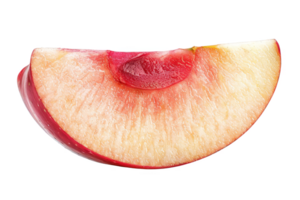 Close-up of a fresh, juicy plum slice with vibrant red and yellow hues, showcasing the natural texture and freshness of the fruit. png