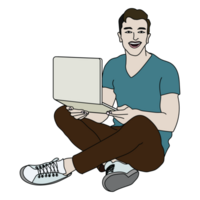 cartoon image of a man sitting on the floor use computer, work, smile png