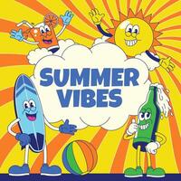 Summer Greeting Banner with Cartoon Character in Retro Style vector