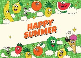 Summer Background Design with Fresh Fruit Character in Retro Style vector