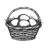 Eggs in a wicker basket, black and white illustration Stock Image and Design isolated on white vector