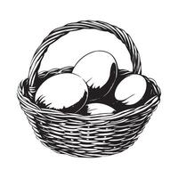 Eggs in a wicker basket, black and white illustration Stock Image and Design isolated on white vector