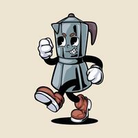 a cartoon coffee maker running with its eyes open vector