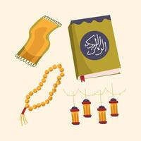 islamic prayer book, prayer beads, and a rosary vector