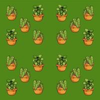 a pattern with several pots of plants on a green background vector