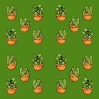 a pattern with several pots of plants on a green background vector