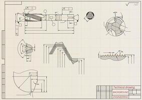 mecánico Ingenieria dibujos en sepia antecedentes. grifo herramientas, taladrador. técnico diseño. cubrir. Plano. ilustración. vector