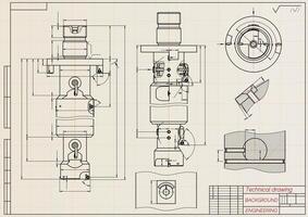 Mechanical engineering drawings on sepia background. Tap tools, borer. Technical Design. Cover. Blueprint. illustration. vector