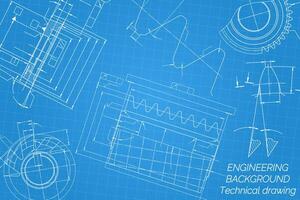 Mechanical engineering drawings on blue background. Tap tools, borer, cutting tools, milling cutter. Technical Design. Cover. Blueprint. illustration vector