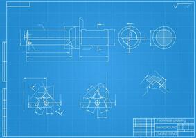 Mechanical engineering drawings on blue background. Tap tools, borer. Technical Design. Cover. Blueprint. illustration vector