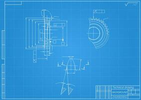 Mechanical engineering drawings on blue background. Gear cutting tool. Technical Design. Cover. Blueprint. illustration vector