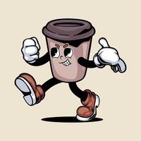 a cartoon coffee cup character running and giving the thumbs up vector