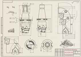 Mechanical engineering drawings on sepia background. Tap tools, borer. Technical Design. Cover. Blueprint. illustration. vector