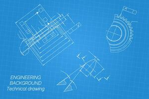 Mechanical engineering drawings on blue background. Gear cutting tool. Technical Design. Cover. Blueprint. illustration vector