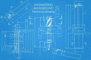 Mechanical engineering drawings on blue background. Tap tools, borer, cutting tools, milling cutter. Technical Design. Cover. Blueprint. illustration vector