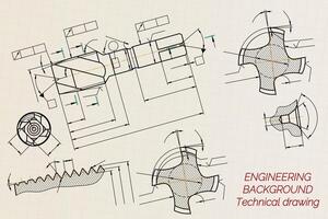 Mechanical engineering drawings on sepia background. Tap tools, borer. Technical Design. Cover. Blueprint. illustration. vector